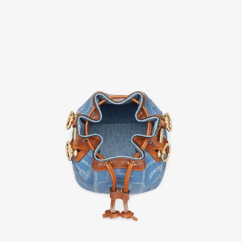 Vintage HOT Straw Fendi Blue with Tresor FF Mini Handle Bag Straw Bucket In Motif Mon 0803